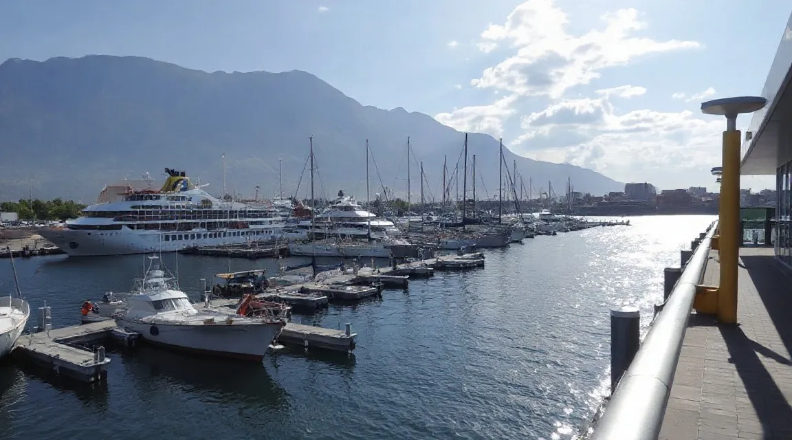 Marina with sailboats and a large ferry beyond, seen from a harbor side pier