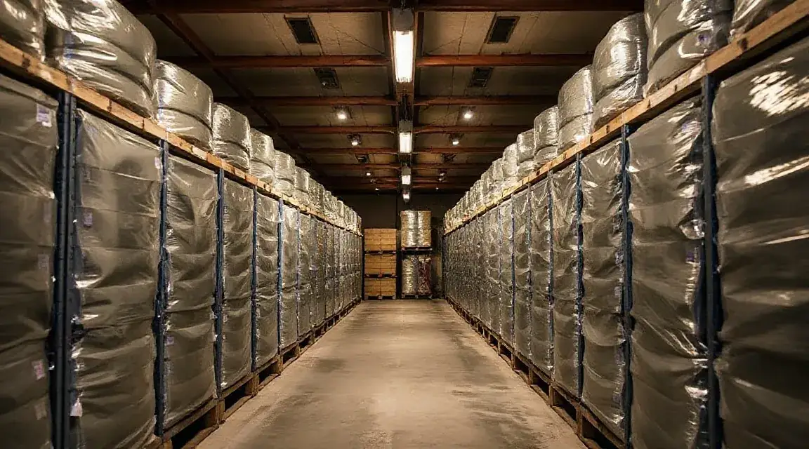 Aisle between racks of wrapped boats inside a storage warehouse