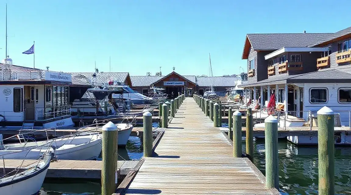 Pontoon walkway between moored boats toward waterfront buildings