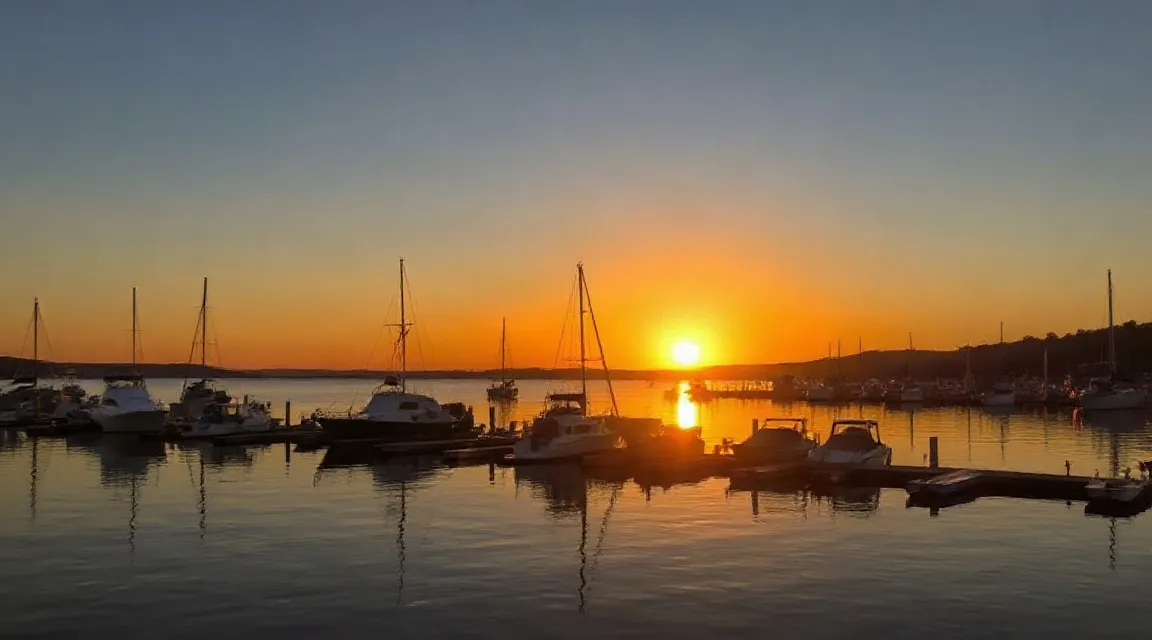 Sun setting over a calm marina with moored sailboats