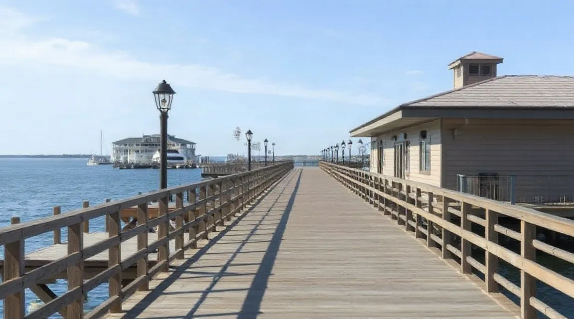 Long wooden pier walkway with lamp posts running out over calm water