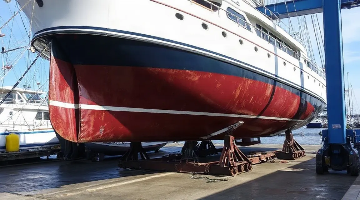 Motor yacht with a red hull lifted out of the water on a boat lift