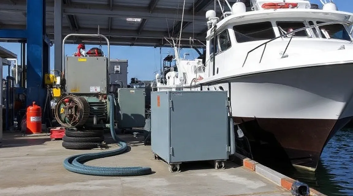 Motor boat on blocks in a repair yard with workshop equipment