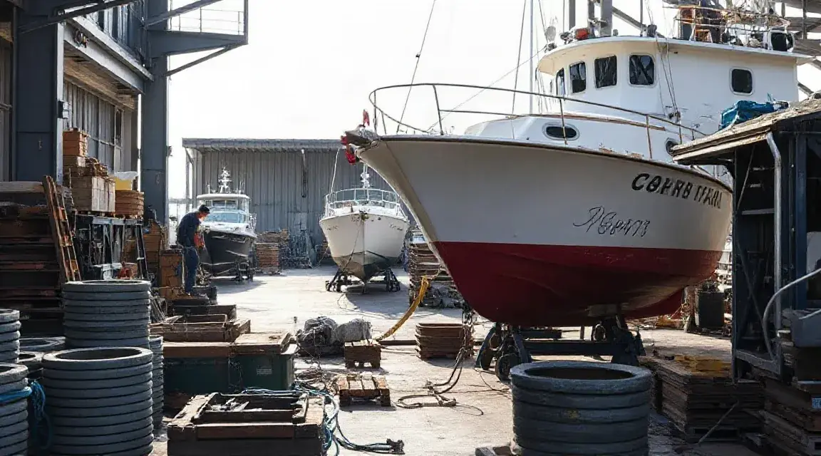 Fishing boat on blocks in a yard with tyres and timber stacked beside it