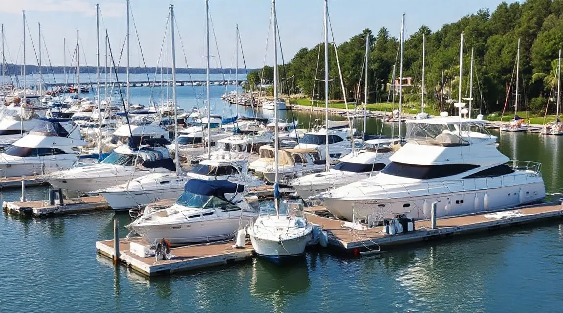 Rows of yachts and motorboats moored at floating docks under a bridge