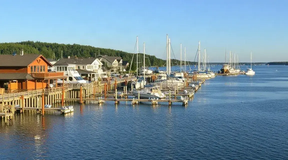 Wooden docks and waterfront buildings at a small marina on a clear day