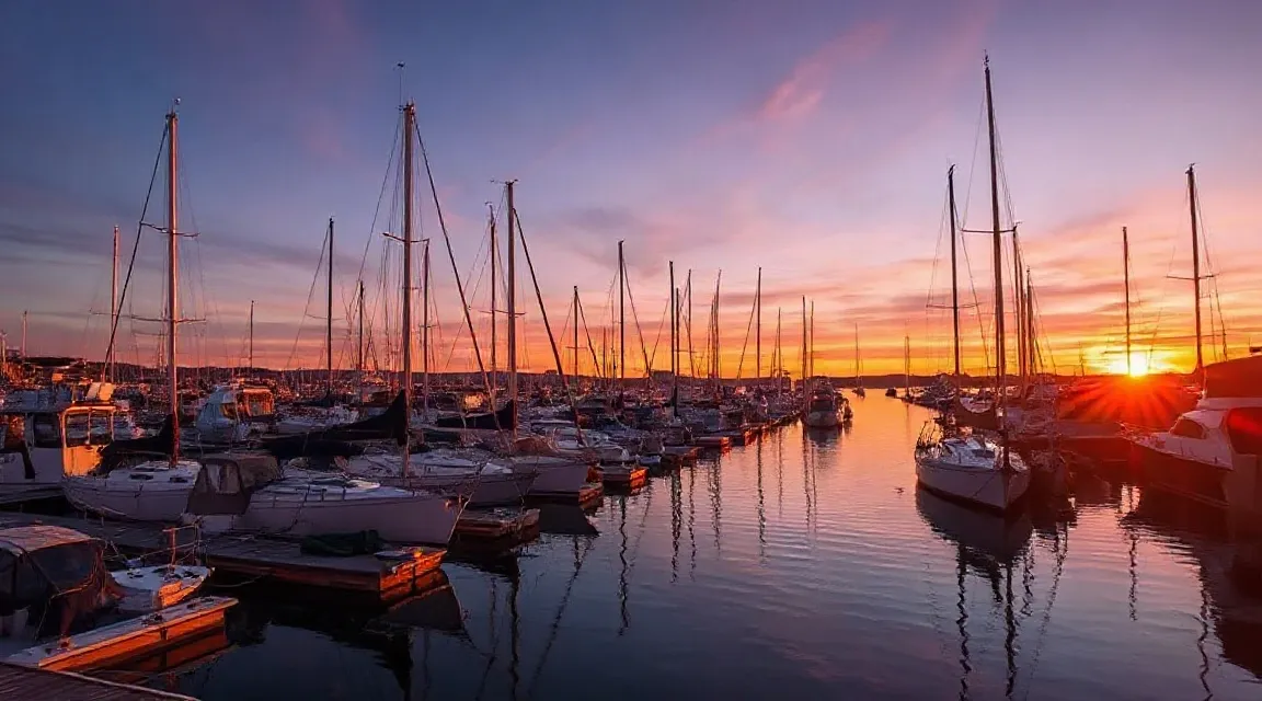Sailboats moored in a marina at sunset