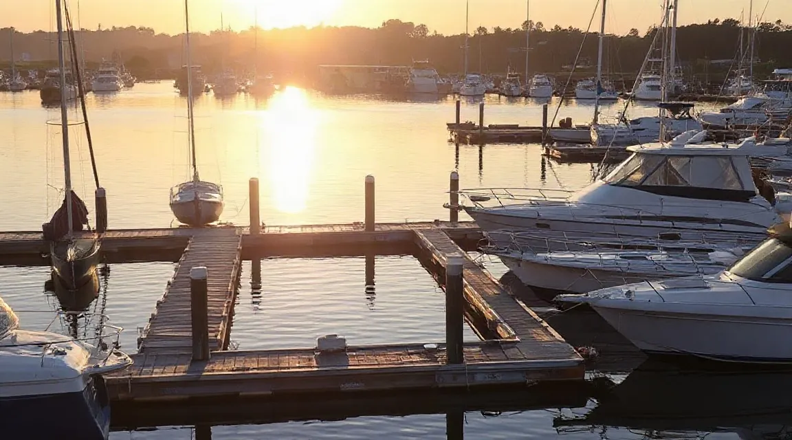 Early sun over wooden docks and moored motor boats