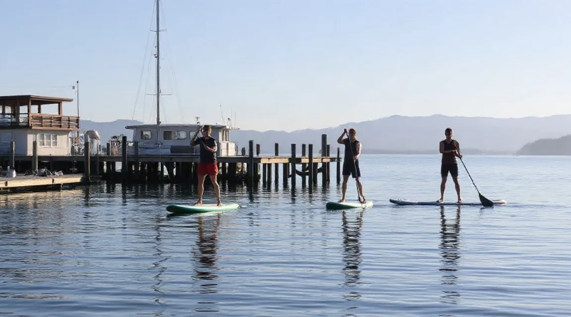 Two stand-up paddleboarders on flat water beside a wooden pier