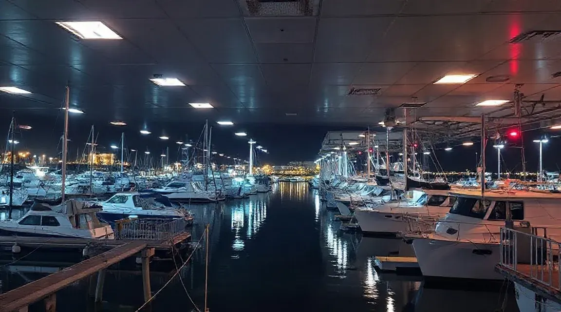 Covered marina at night with moored boats and ceiling lights