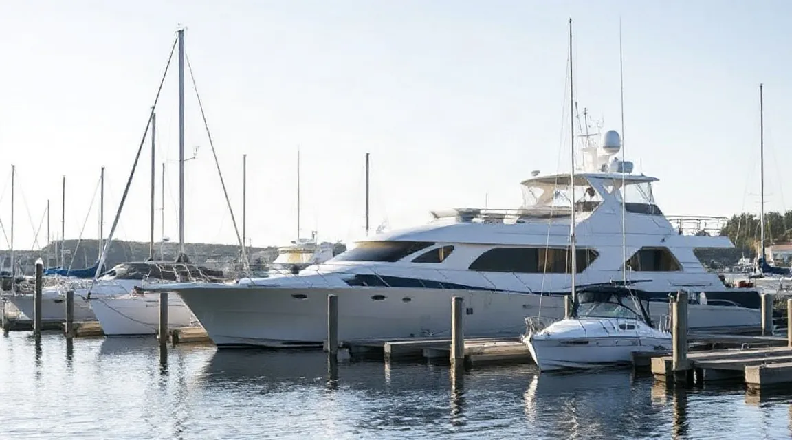 Large motor yacht and sailboats alongside a marina pier