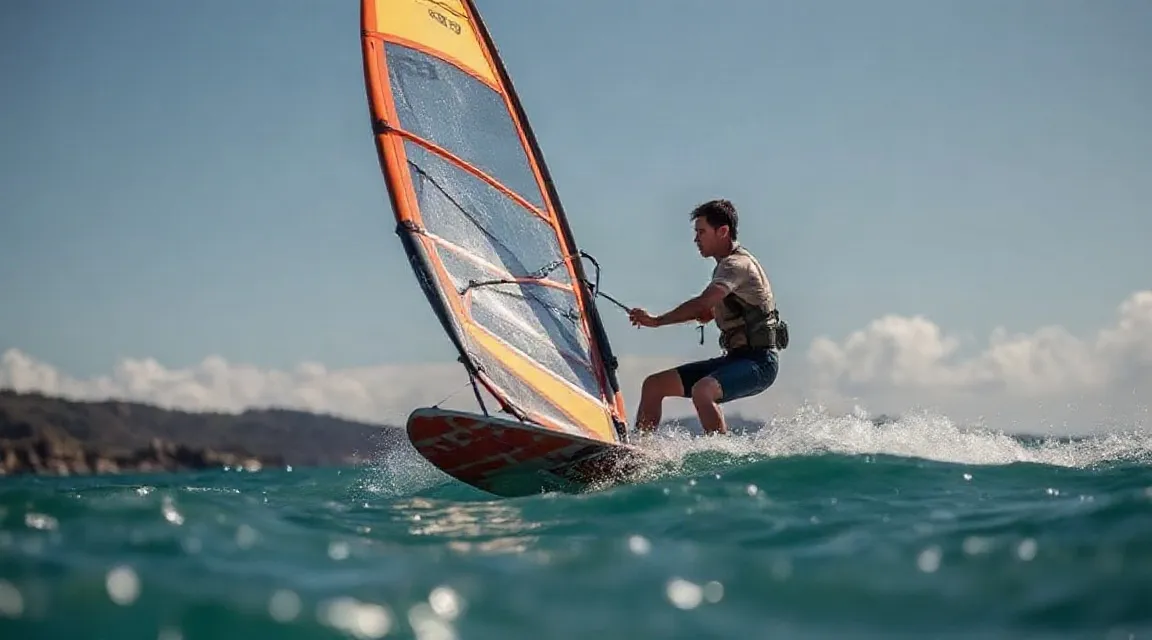 Windsurfer riding a small wave under an orange and white sail