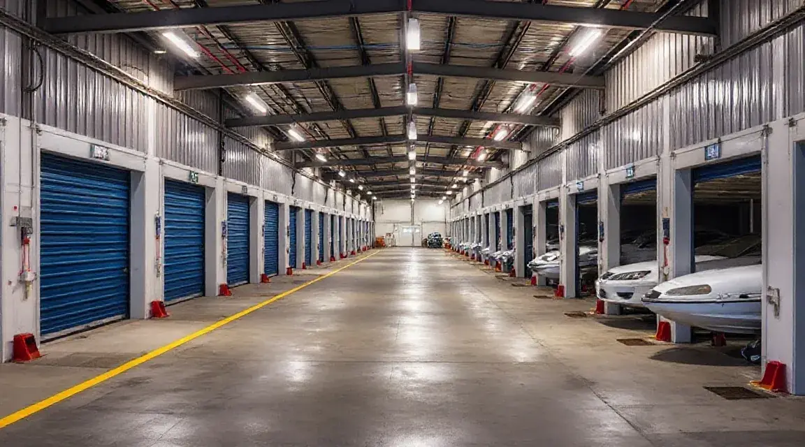 Long covered storage hall with blue roller doors and boats parked inside