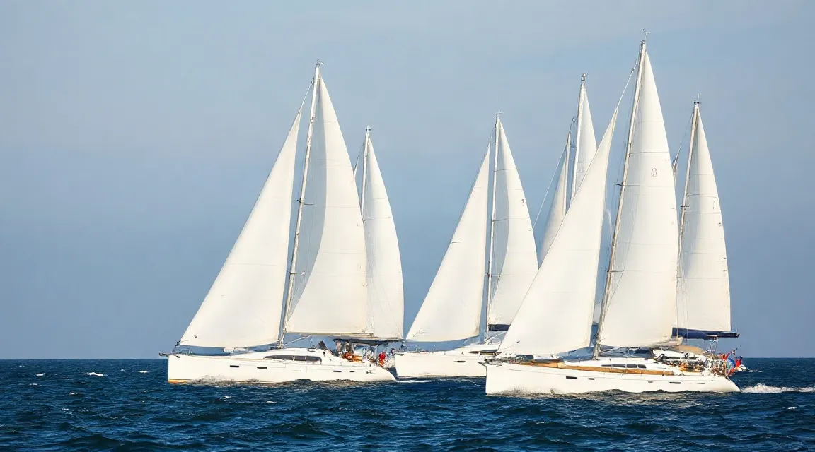 Four white sailing yachts under sail on open water